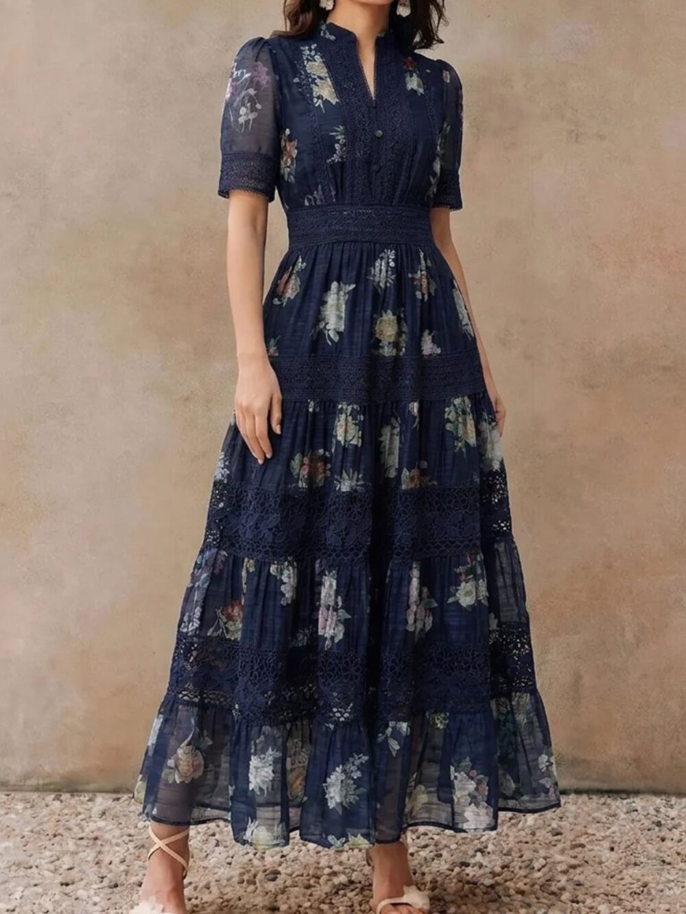Blue Boho Women's Embroidery Puff Sleeve High Waist A-Line Long Dress - Picture 4 of 7